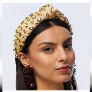 New Lele Sadoughi Natural Embellished Linen Knotted Headband